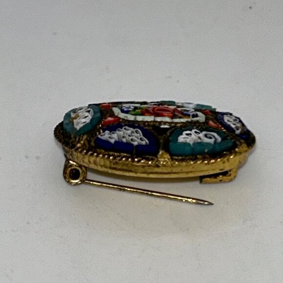 Vintage IMicro Mosaic Oval Brooch Floral  Gold-Tone C-Clasp Made in Italy - Picture 4 of 16